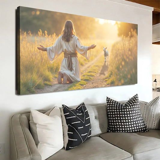 Jesus Kneeling to a Lamb Golden Meadow canvas shown in a styled room setting, view 2