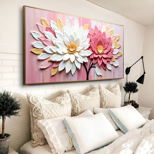 White and Pink Blooms on Blush Pink canvas shown in a styled room setting, view 2