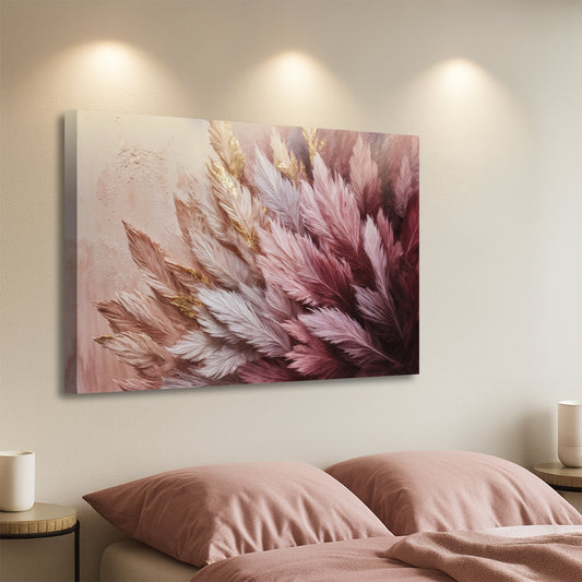 Pink and Mauve Feather Abstract canvas shown in a styled room setting, view 2