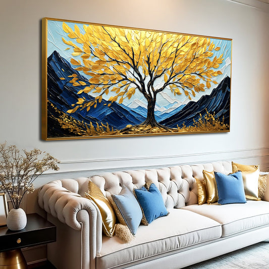 Golden Tree Before Navy Mountains canvas shown in a styled room setting, view 2