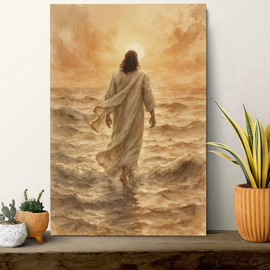 Jesus Walking Into Golden Waves Sepia canvas shown in a styled room setting, view 2