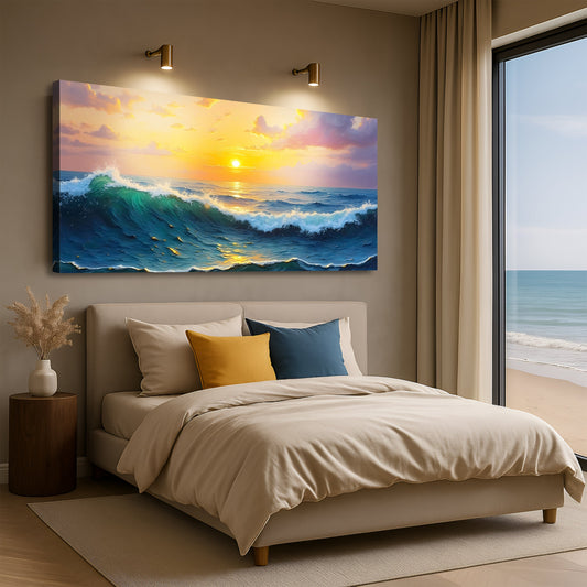 Breaking Wave at Sunset canvas shown in a styled room setting, view 2
