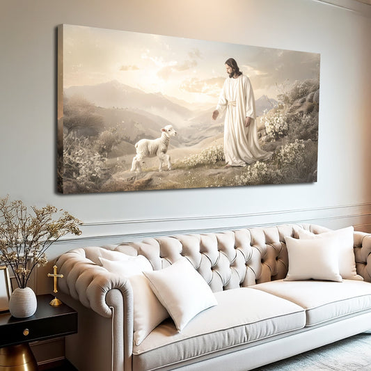 Jesus and a Lamb on a Misty Cream Hillside canvas shown in a styled room setting, view 2