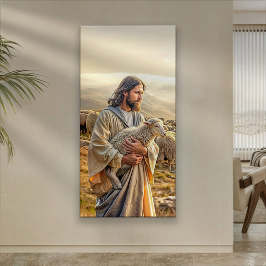 Jesus Cradling a Lamb Tall Gold canvas shown in a styled room setting, view 2