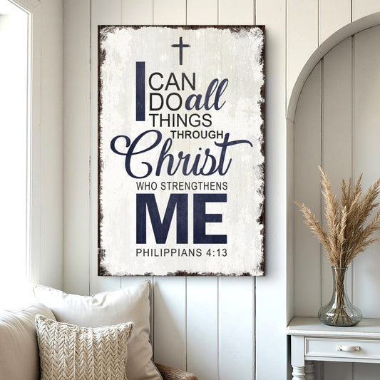 Philippians 4:13 Bold Navy Type Distressed-Look canvas shown in a styled room setting, view 2