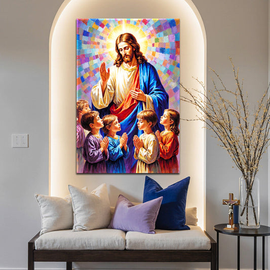 Jesus Blessing Children Colorful Mosaic canvas shown in a styled room setting, view 2