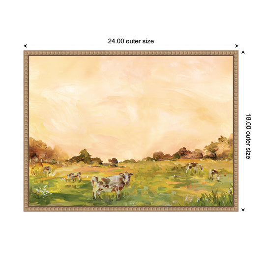 Cows Grazing at Sunset Framed Canvas Wall Art