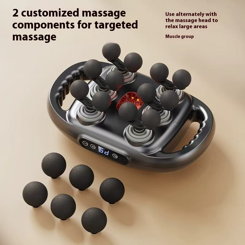 Massage device with customizable components on a beige background
