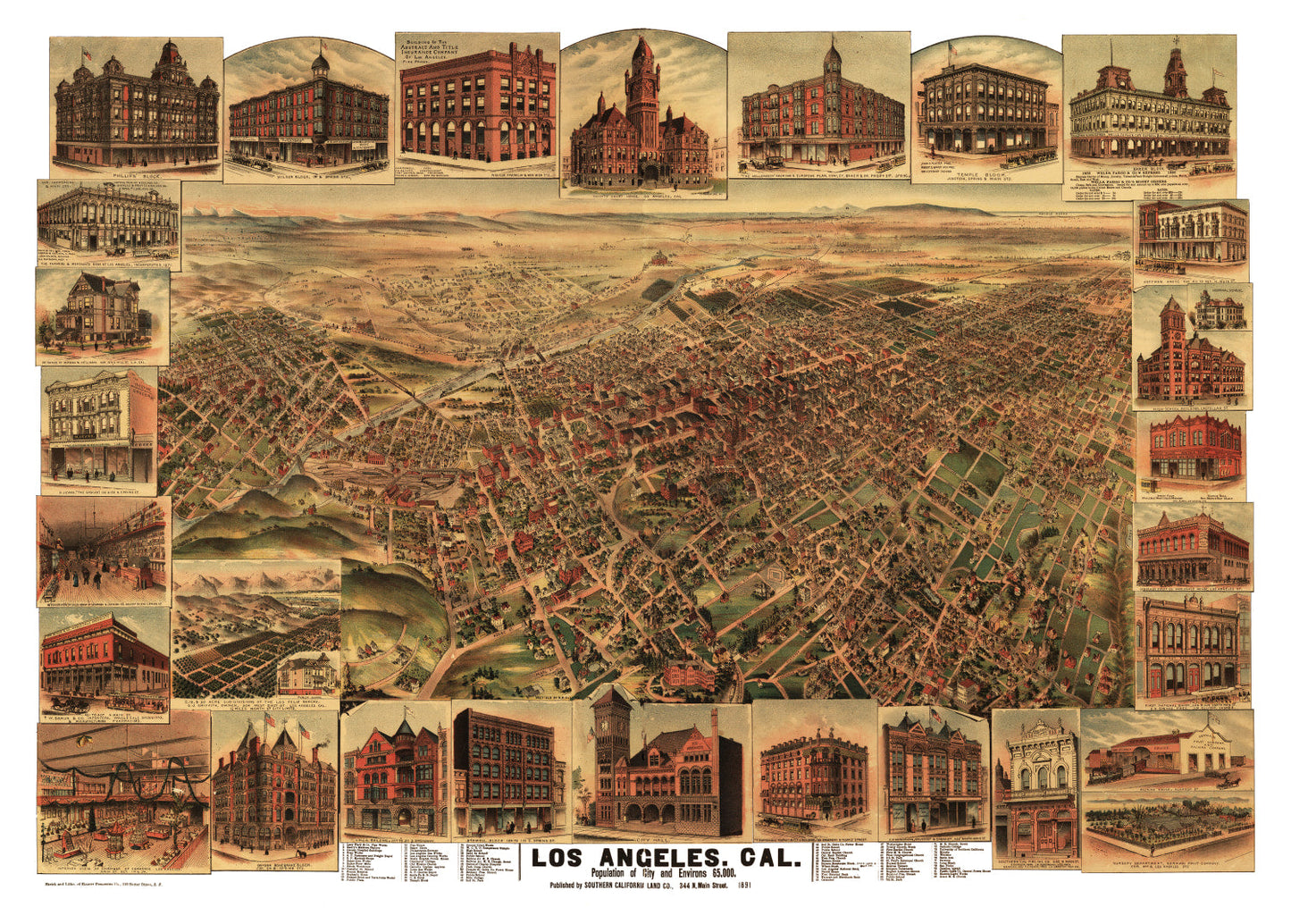 Vintage Map of Los Angeles, California, 1891