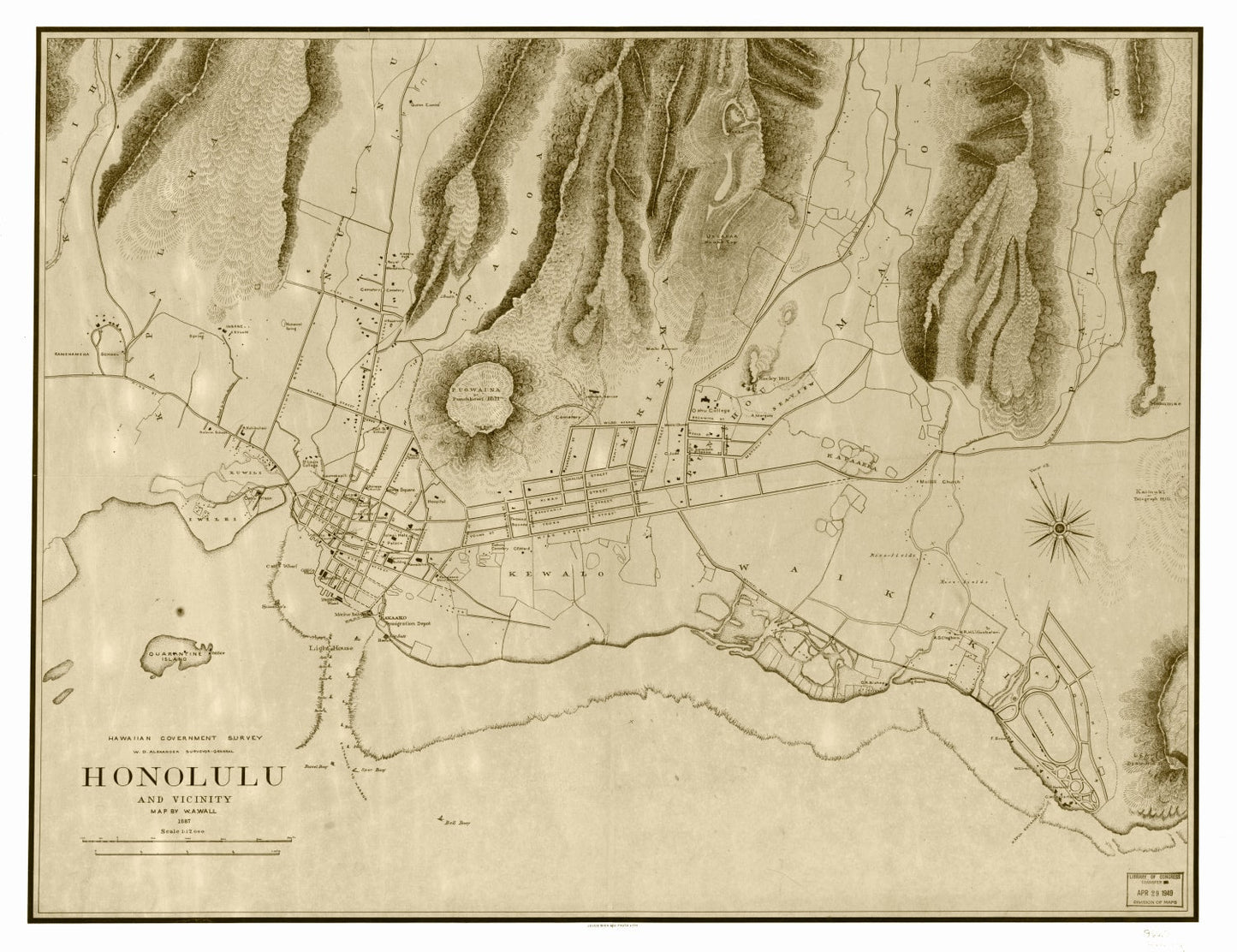 Vintage Map of Honolulu, Honolulu County, Hawaii, 1887