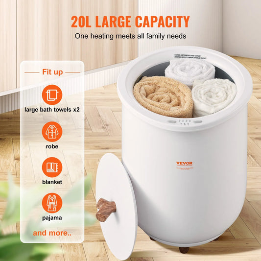 20L towel warmer bucket interior showing 5-sided heating and bottom coils with towels inside