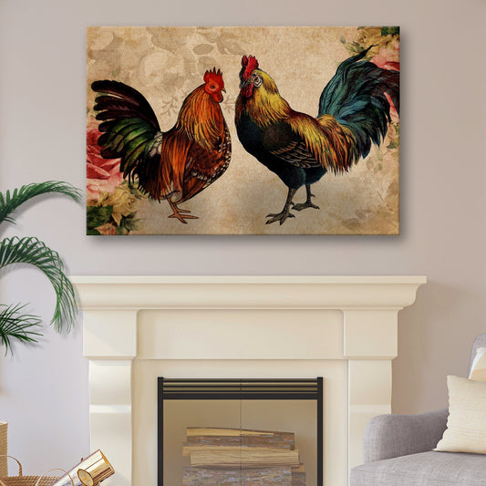 Vintage Roosters with Roses canvas shown in a styled room setting, view 2