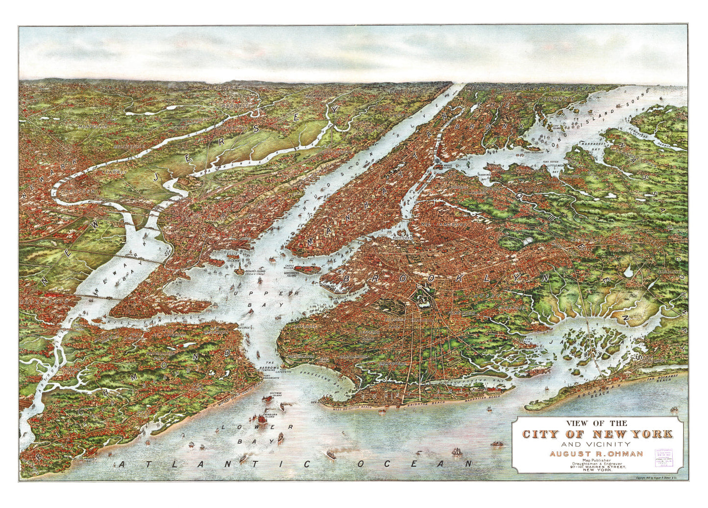 Vintage Map of New York City, New York, 1907