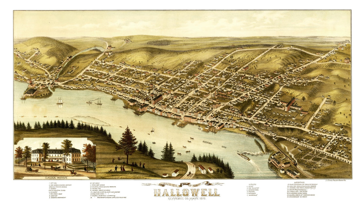 Vintage Map of Hallowell, Maine, 1878