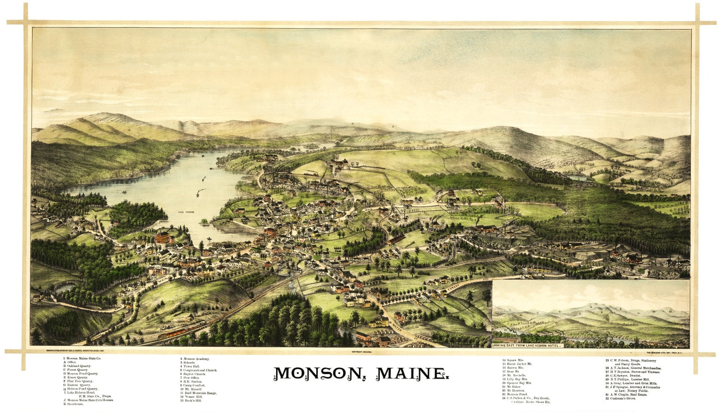 Vintage Map of Monson, Maine, 1889