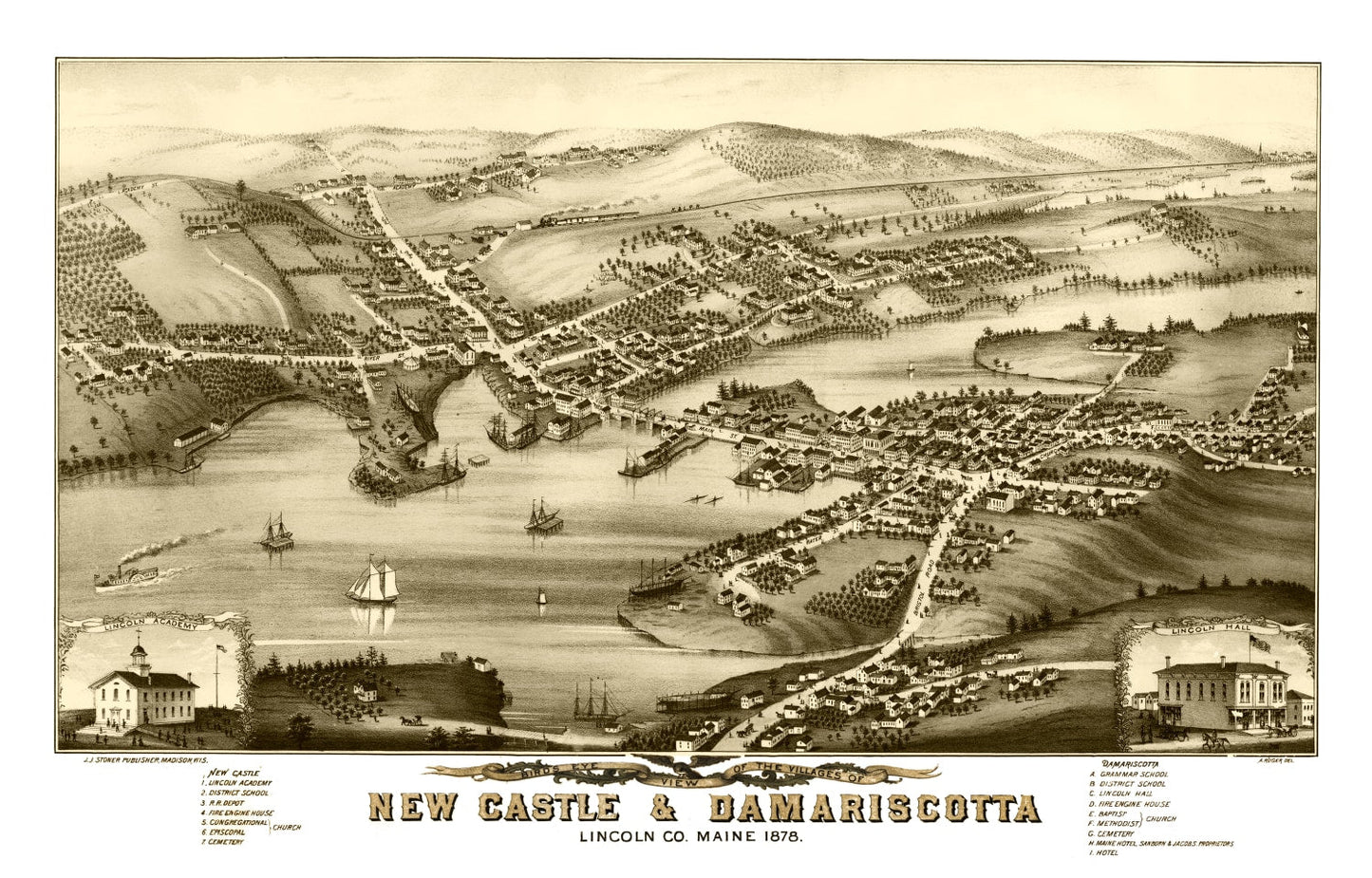 Vintage Map of New Castle & Damariscotta, Maine, 1878