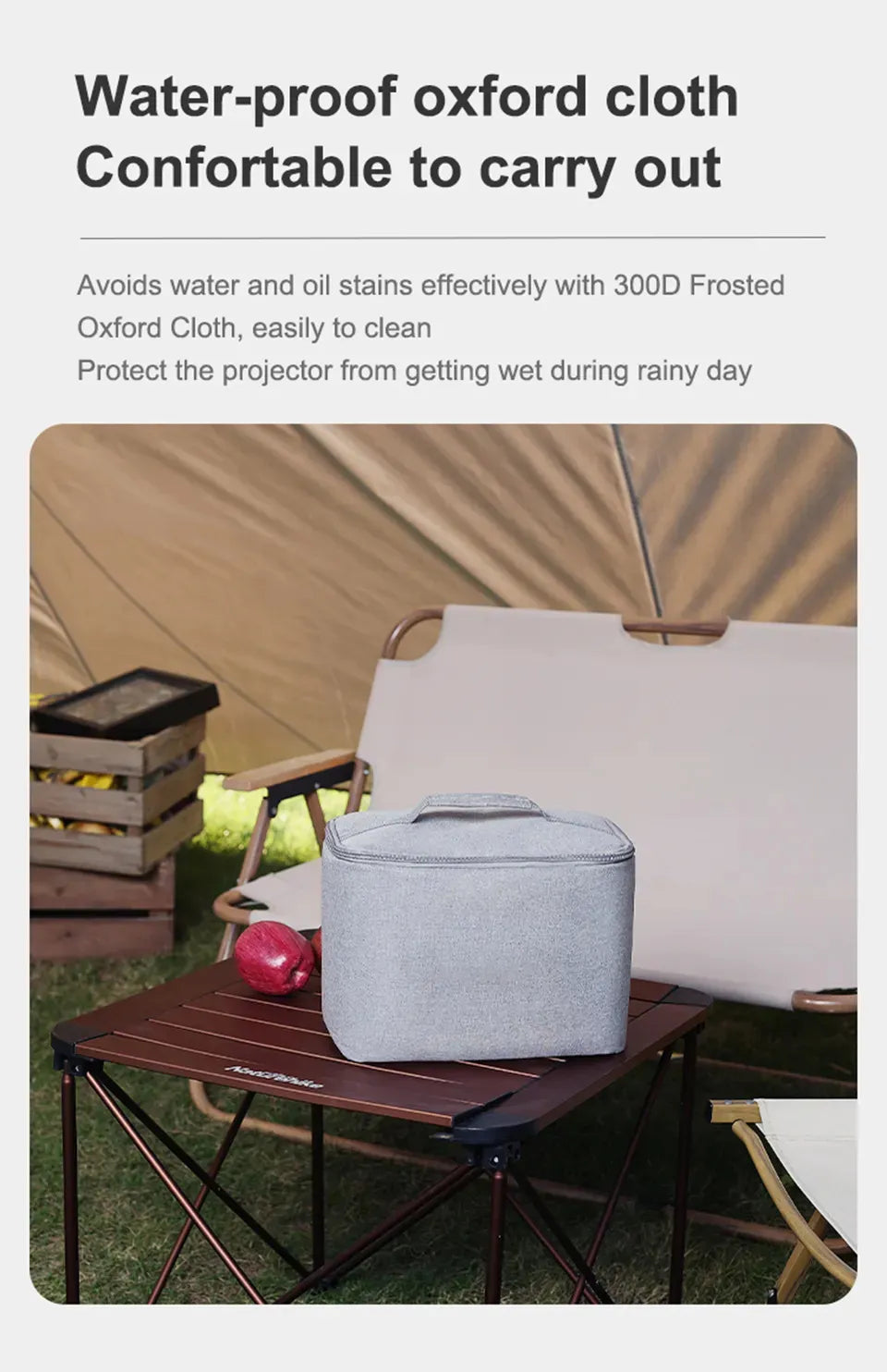 Gray projector travel bag on a table outdoors with text about water-proof oxford cloth