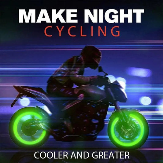 Motorcycle with green luminous valve caps for safer night riding