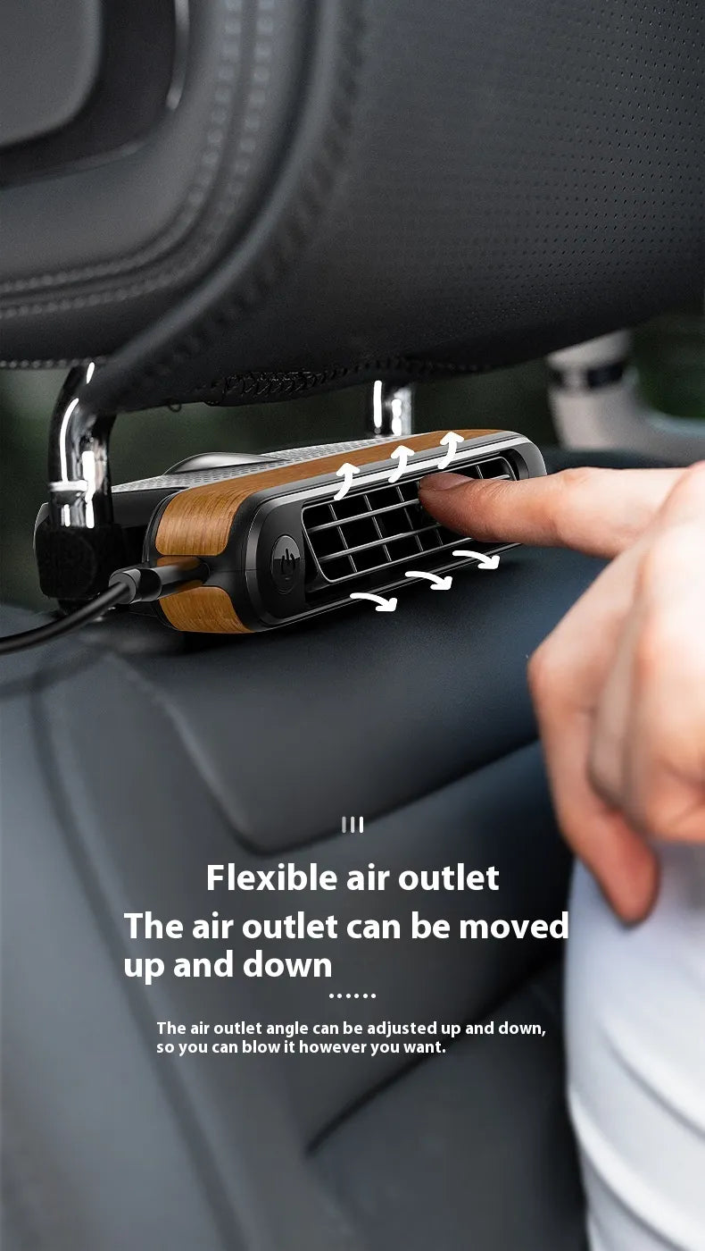Back seat airflow circulation fan angled up and down