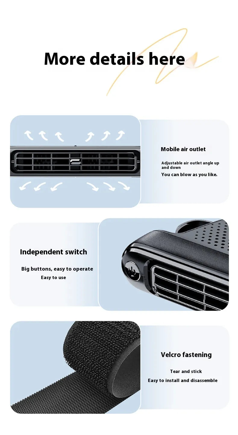 Compact rear seat cooling fan with Velcro strap