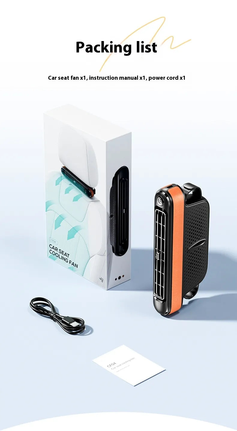 Packing list with car seat fan, instruction manual, and power cord on a light blue background