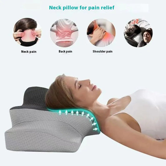 Neck pillow for pain relief with a woman using it, showing points of pain on her body.