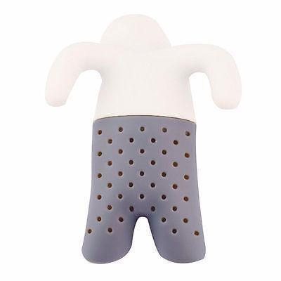Silicone tea infuser shaped like a baby in a onesie on a white background
