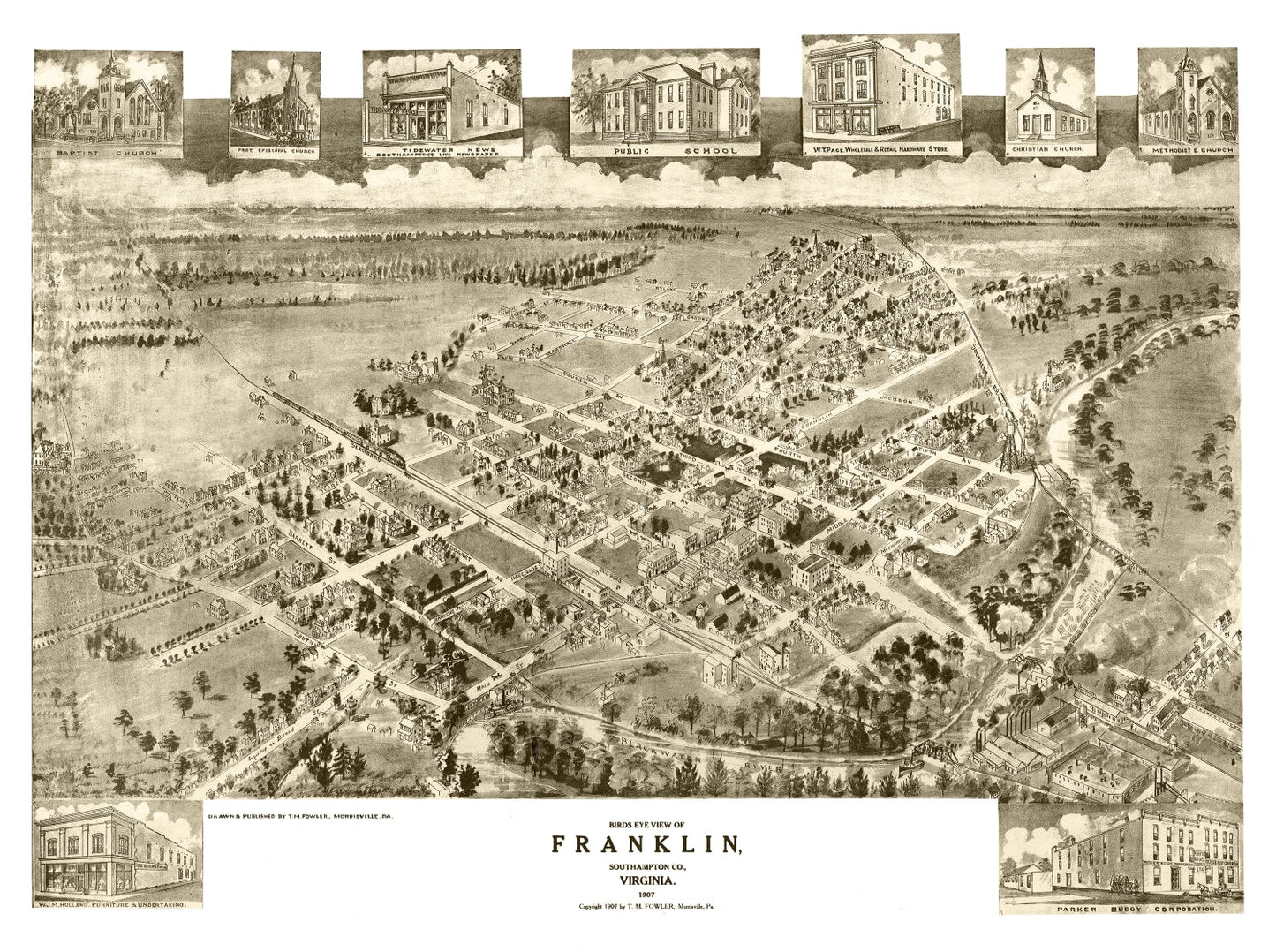 Vintage Map of Franklin, Virginia, 1907