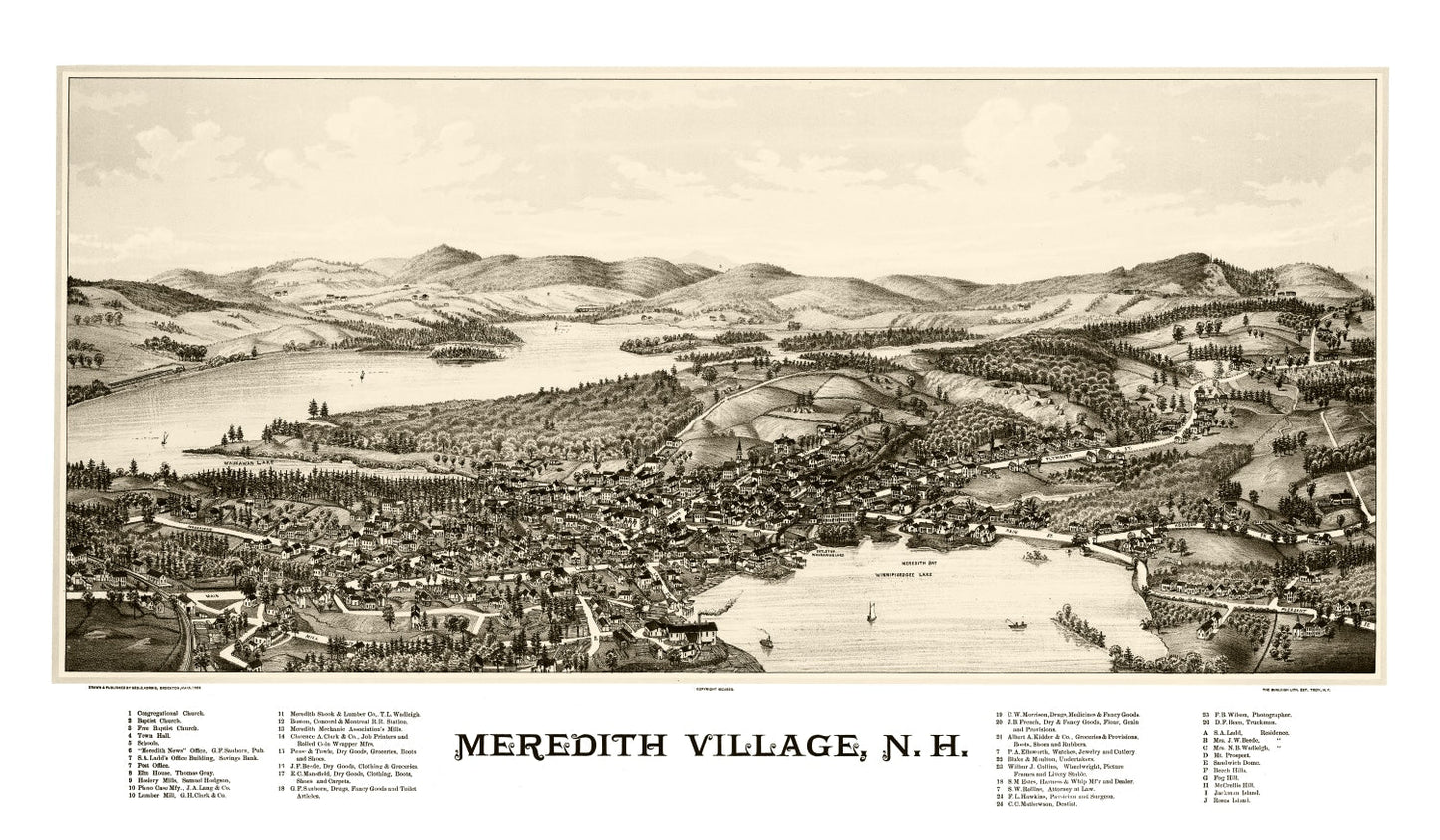 Vintage Map of Meredith Village, New Hampshire, 1889