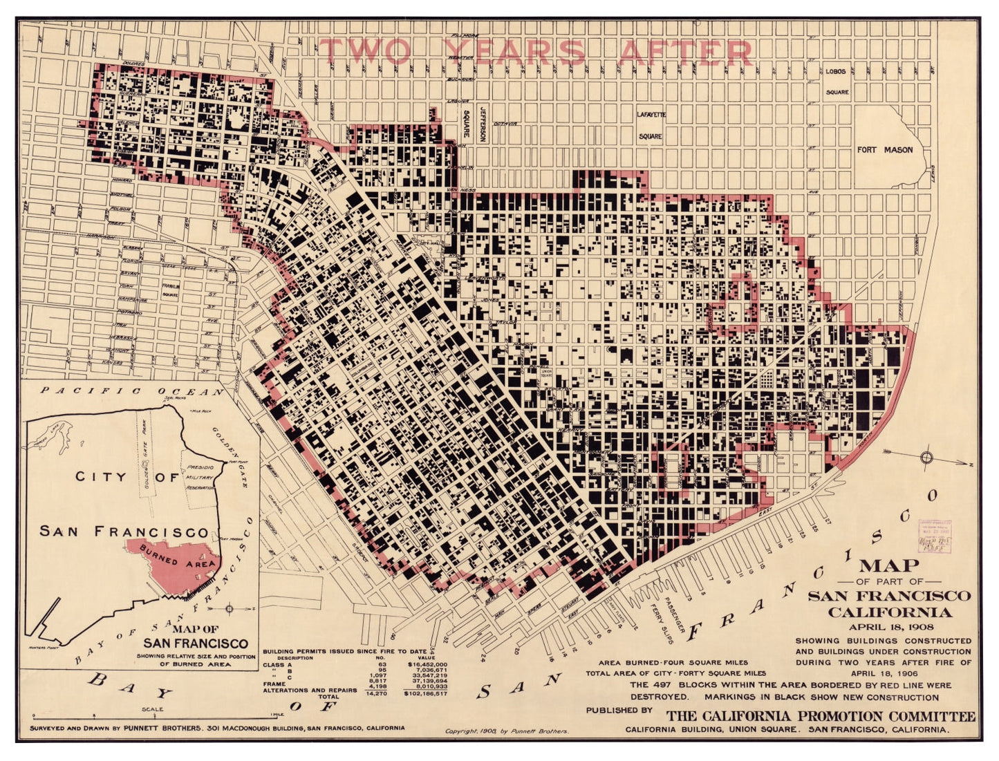 Vintage Map of San Francisco, California, 1908