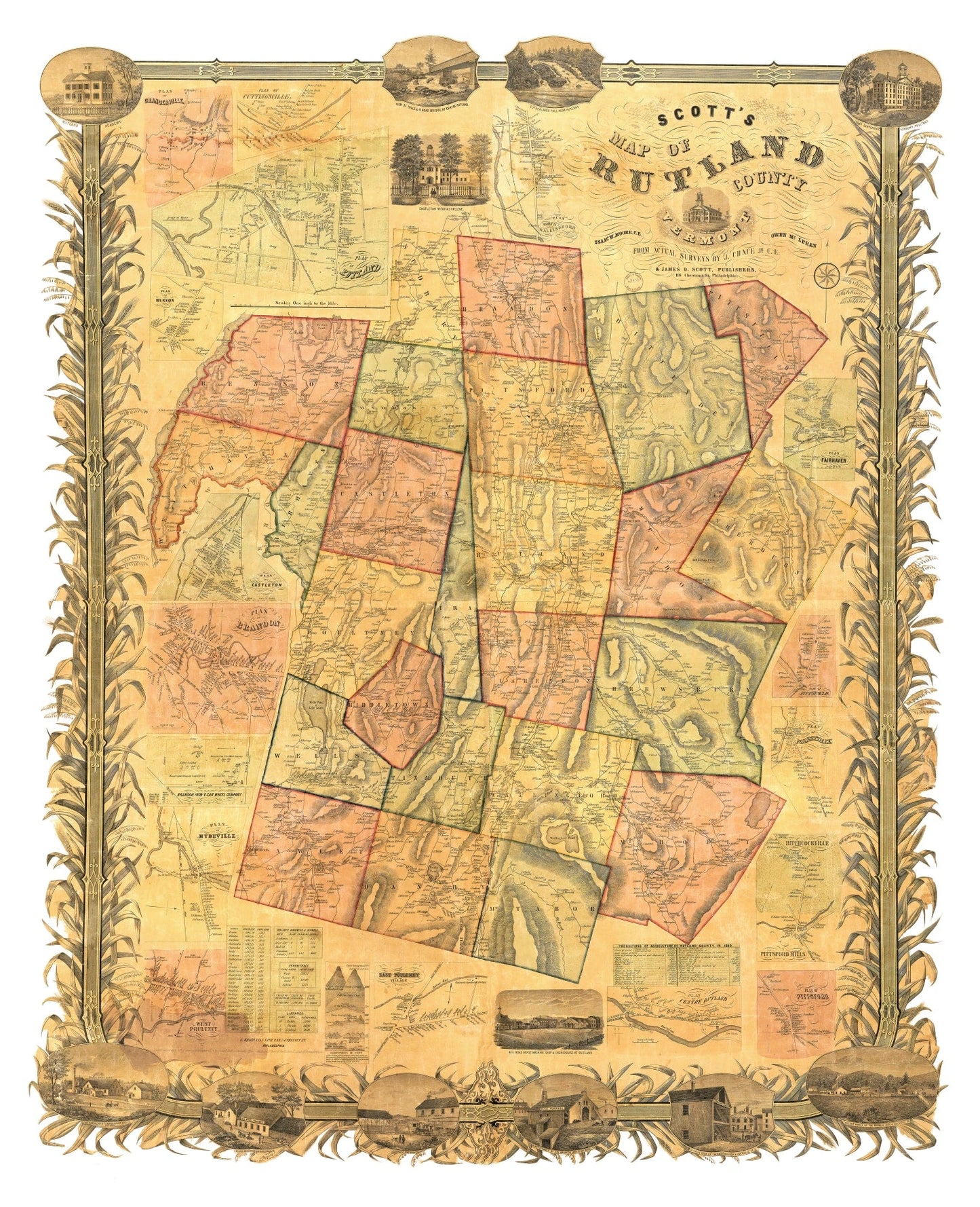 Vintage Map of Rutland County, Vermont, 1854