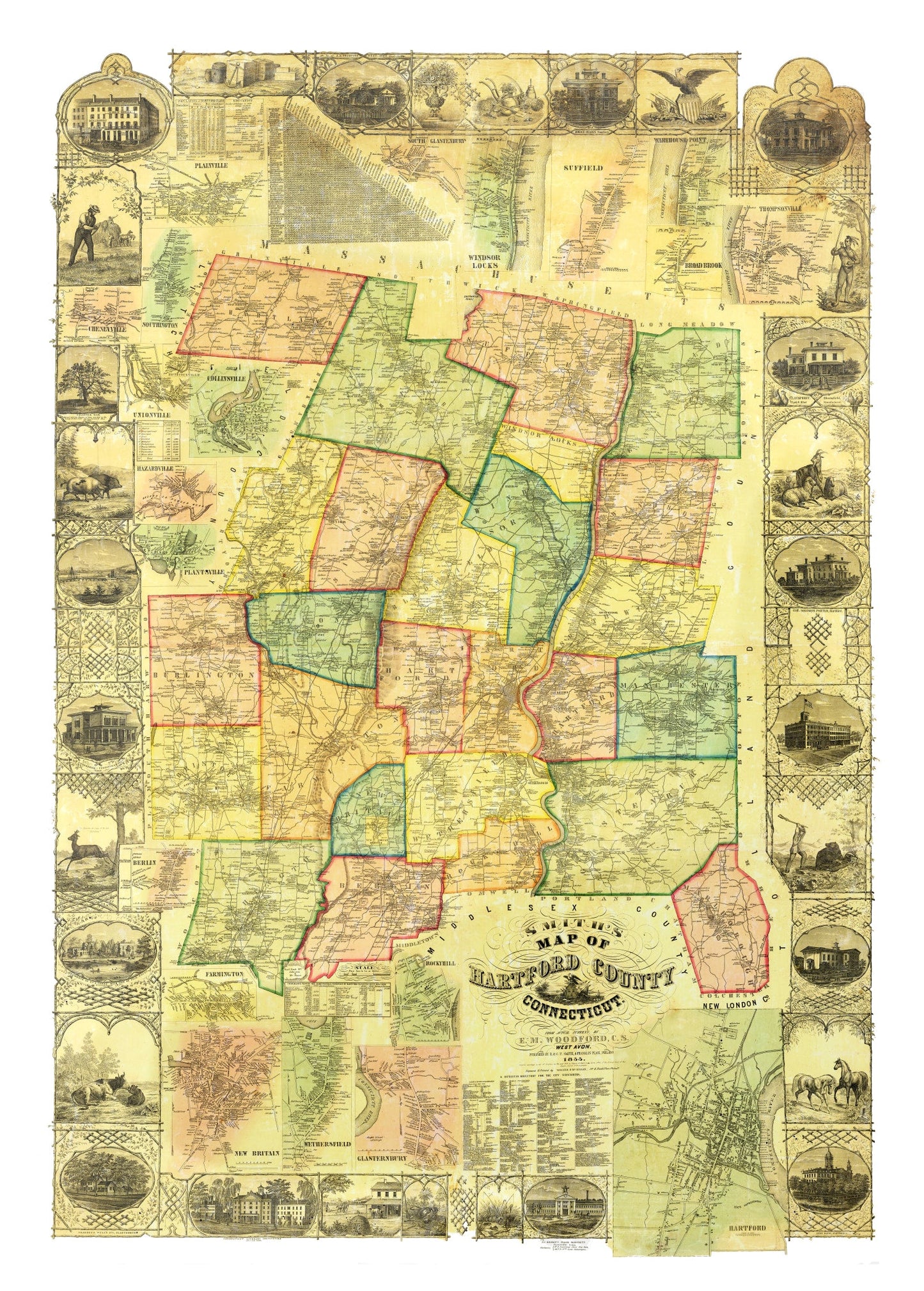 Vintage Map of Hartford County, Connecticut, 1855