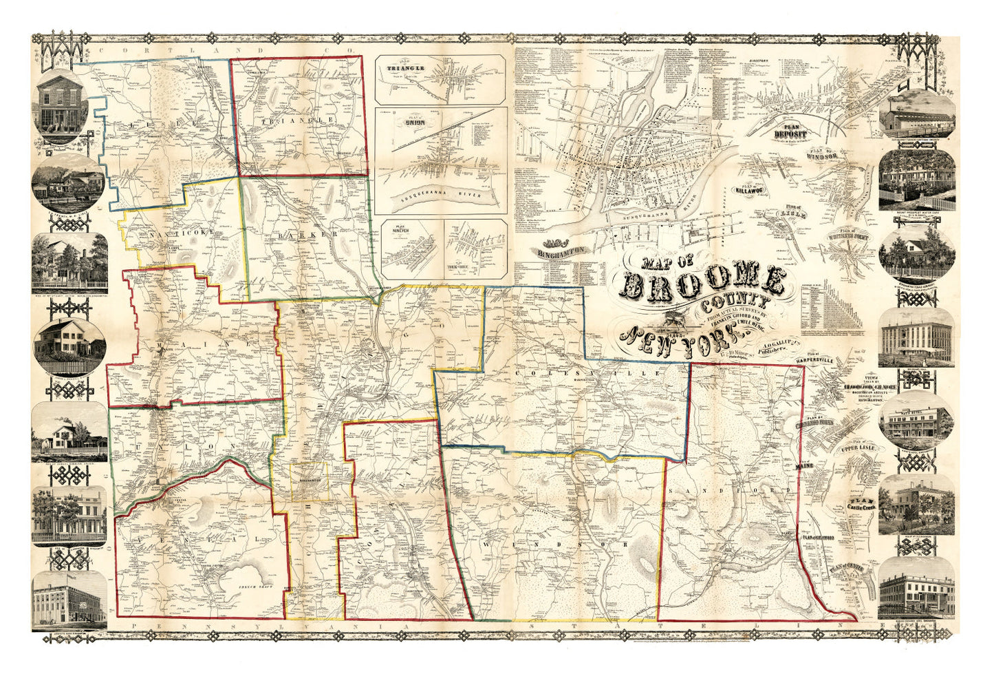 Vintage Map of Broome County, New York 1855 Wall Art