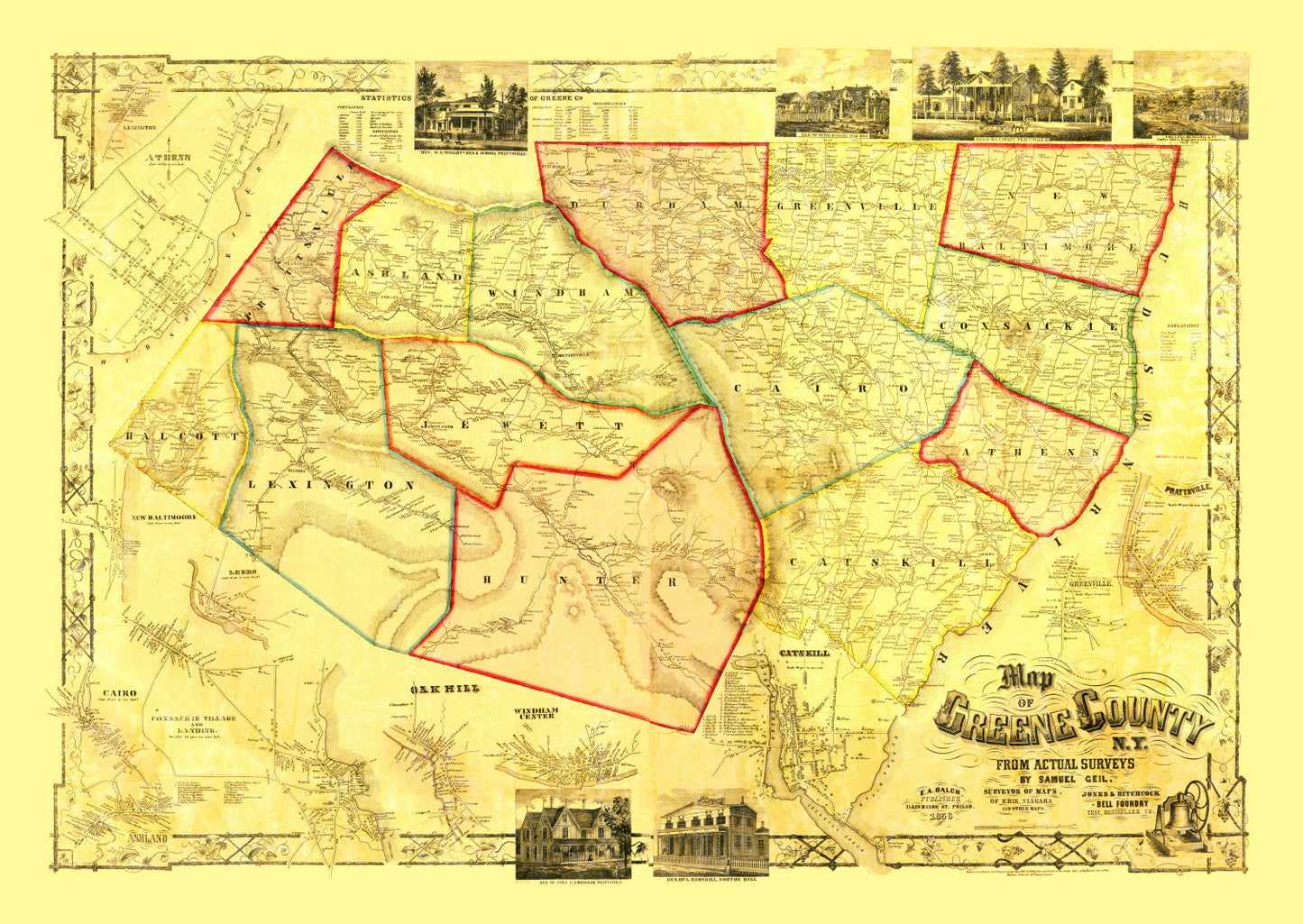 Vintage Map of Greene County, New York, 1856