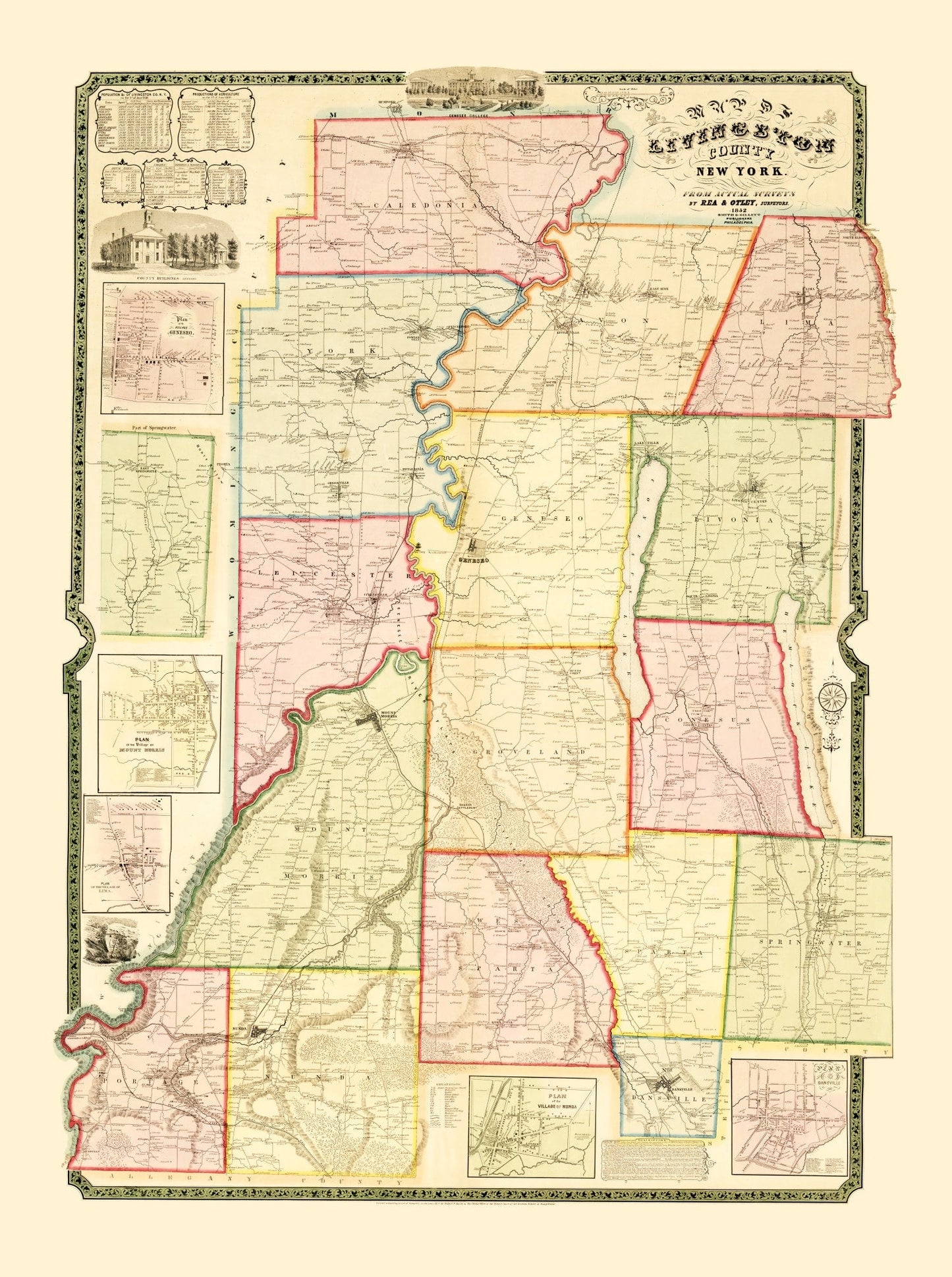 Vintage Map of Livingston County, New York, 1852