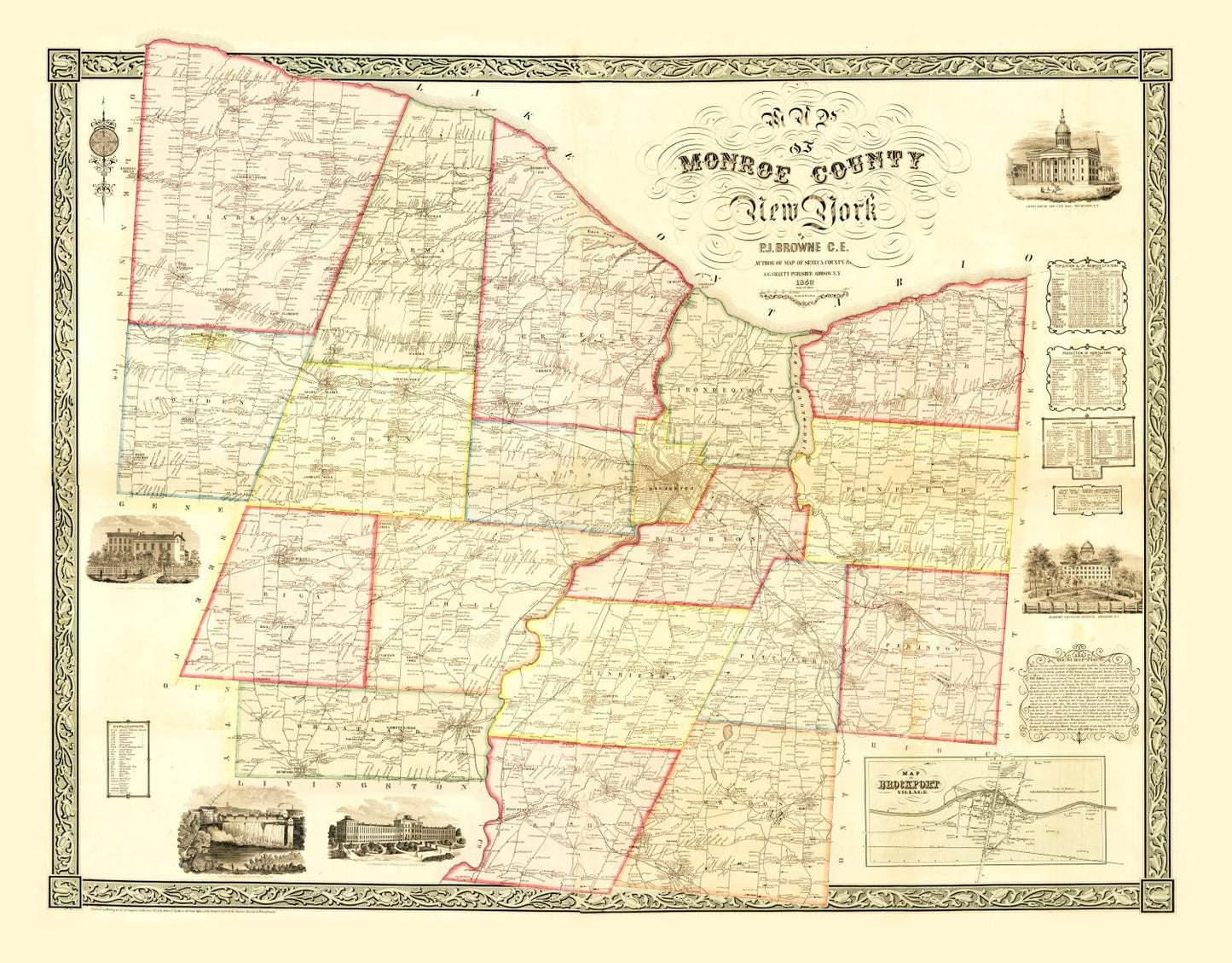 Vintage Map of Monroe County, New York, 1852