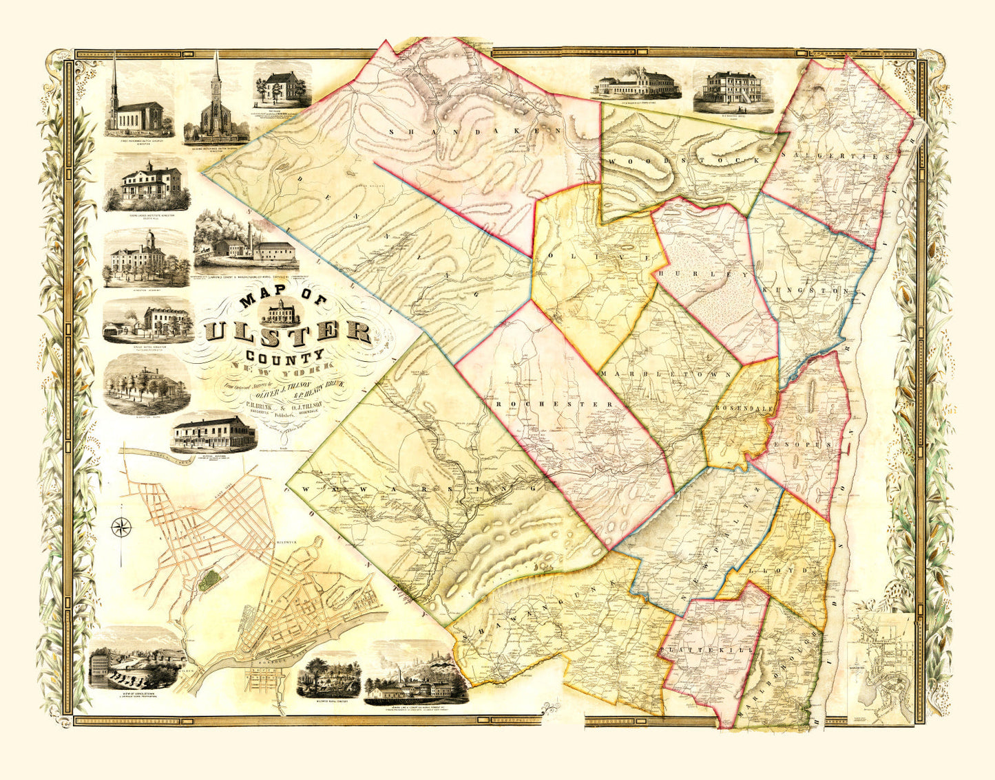 Vintage Map of Ulster County, New York, 1853