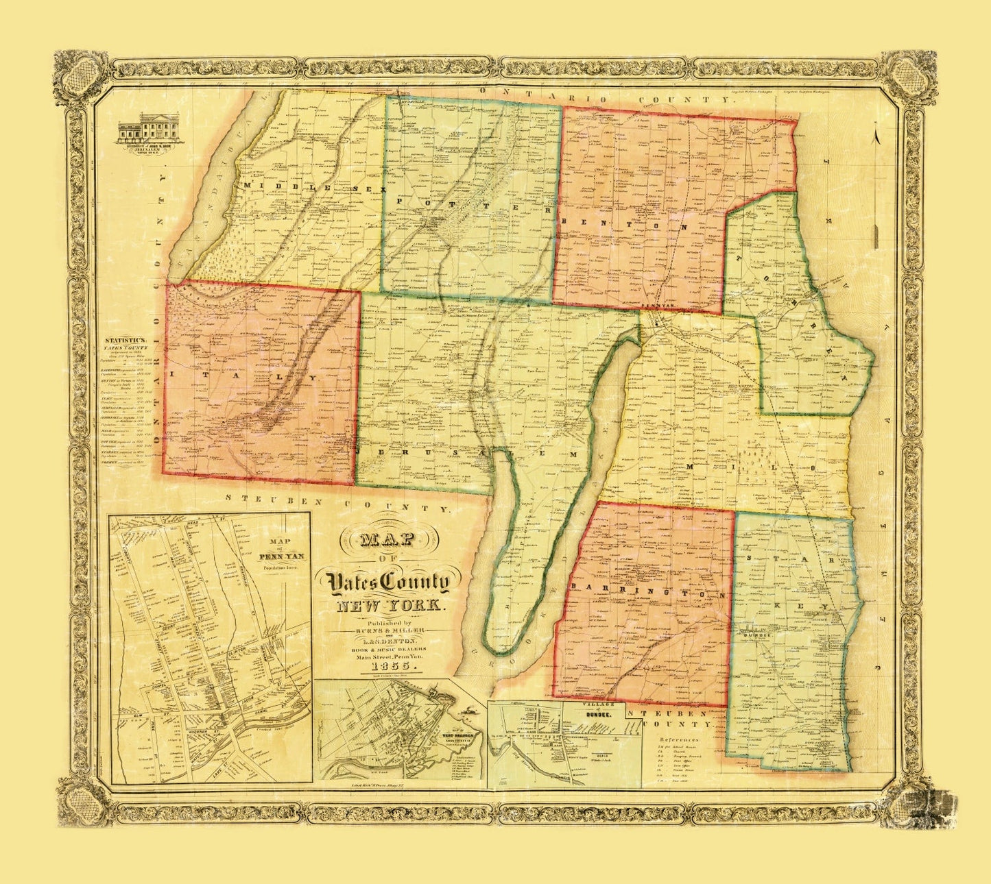 Vintage Map of Yates County, New York, 1855