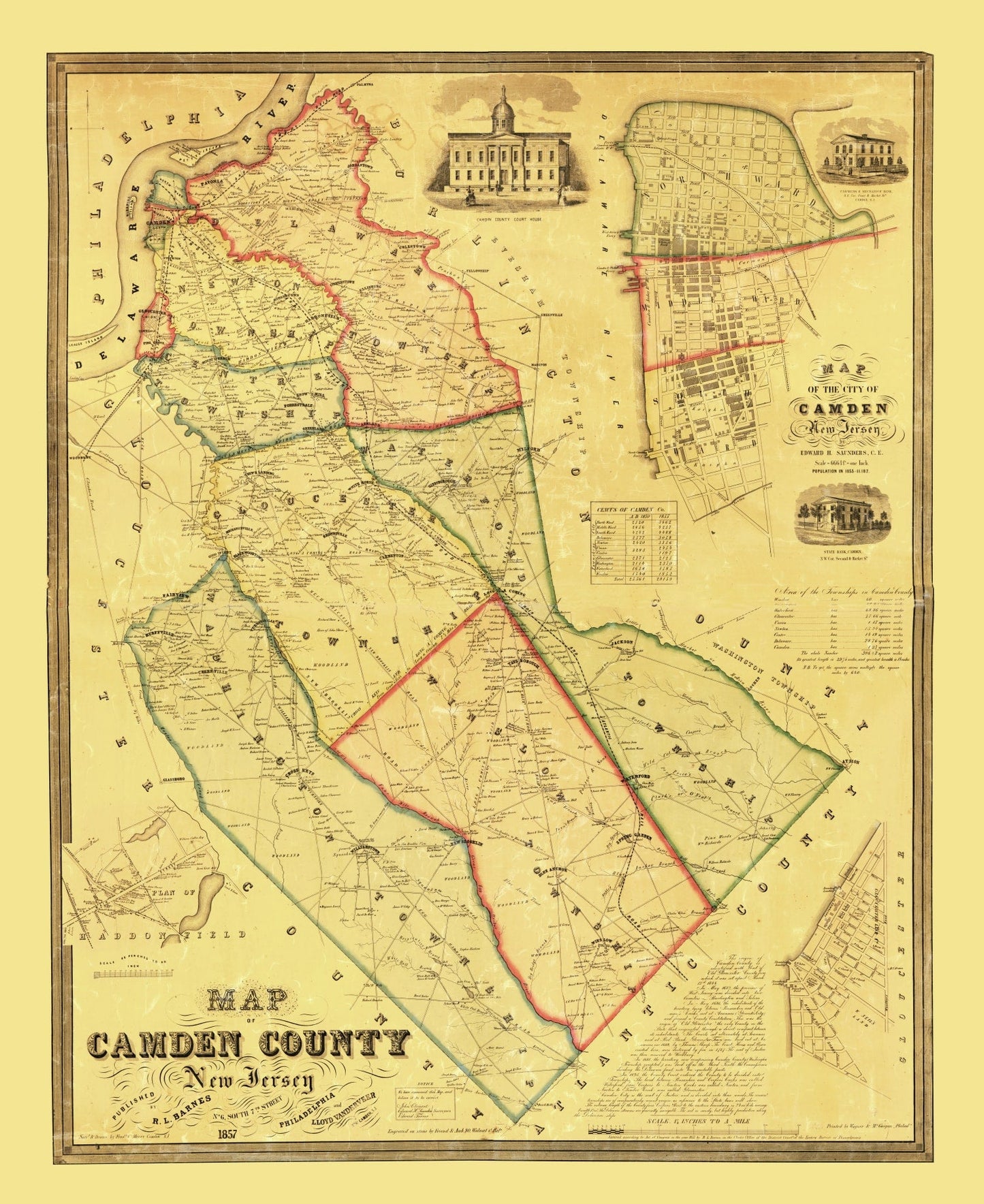 Vintage Map of Camden County, New Jersey, 1857 - Print