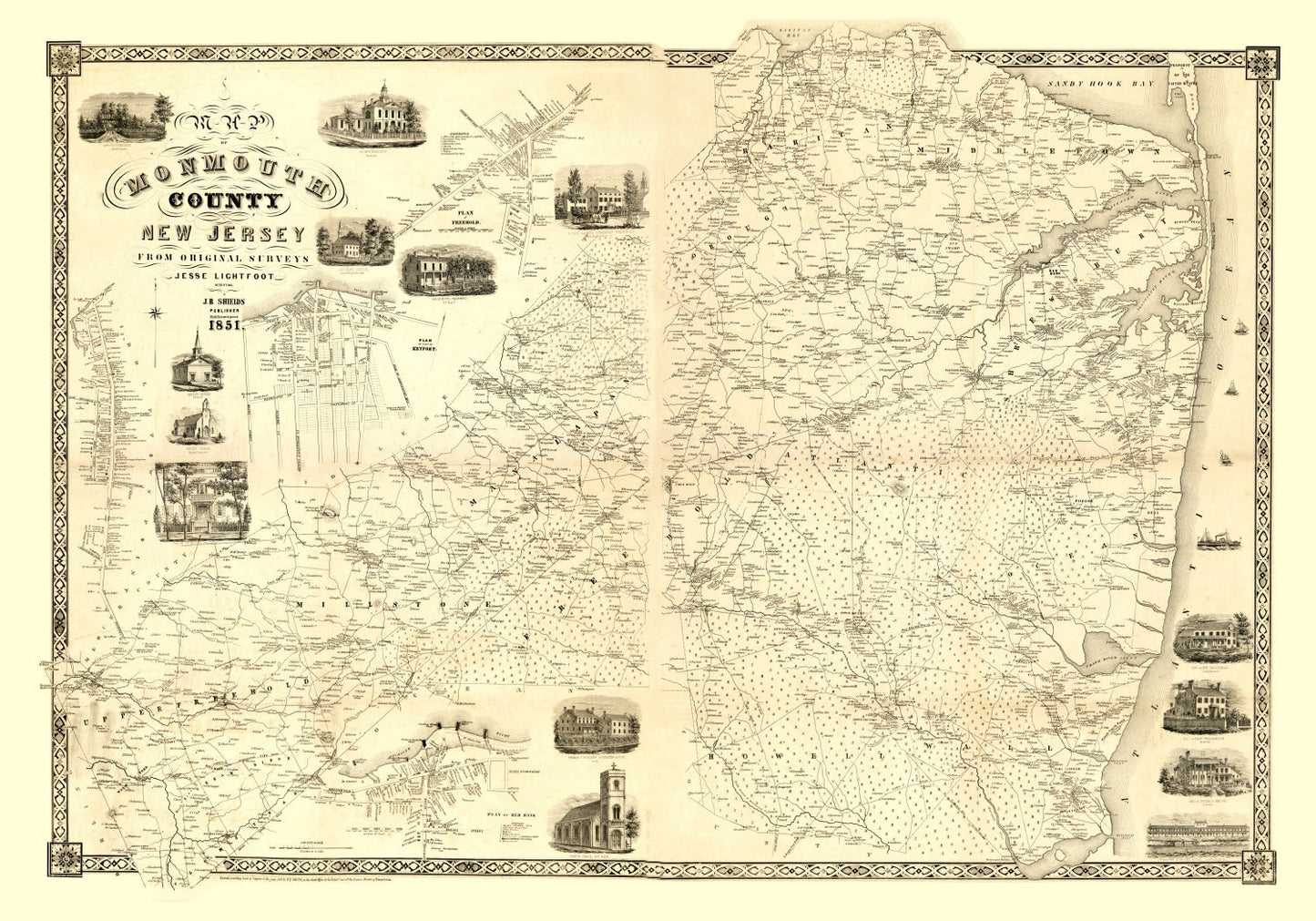 Vintage Map of Monmouth County, New Jersey, 1851
