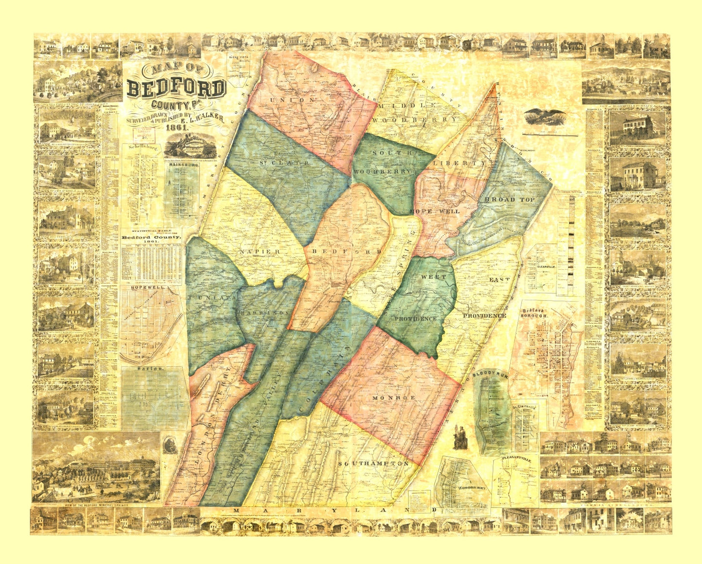 Vintage Map of Bedford County, Pennsylvania, 1861