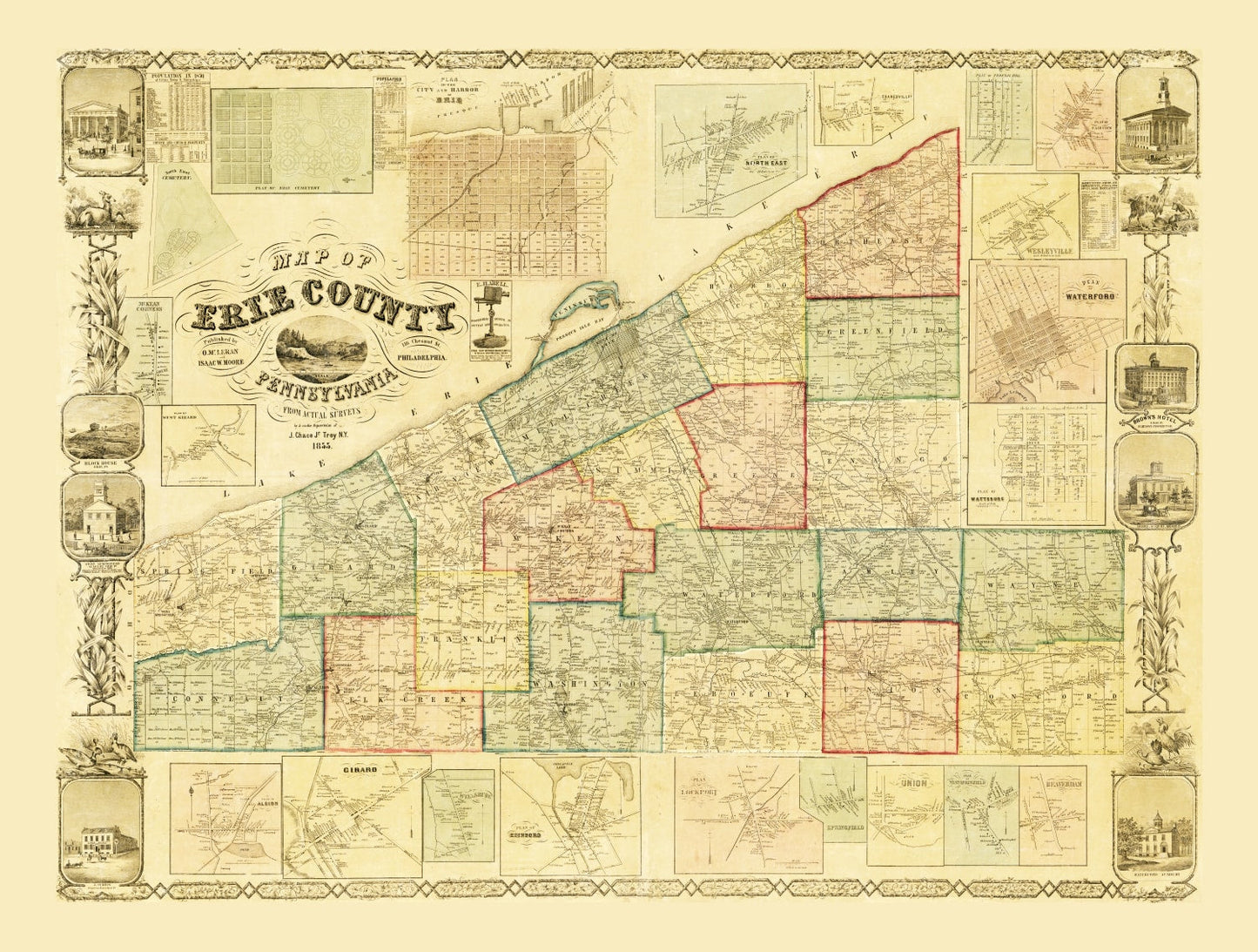 Vintage Map of Erie County, Pennsylvania, 1855