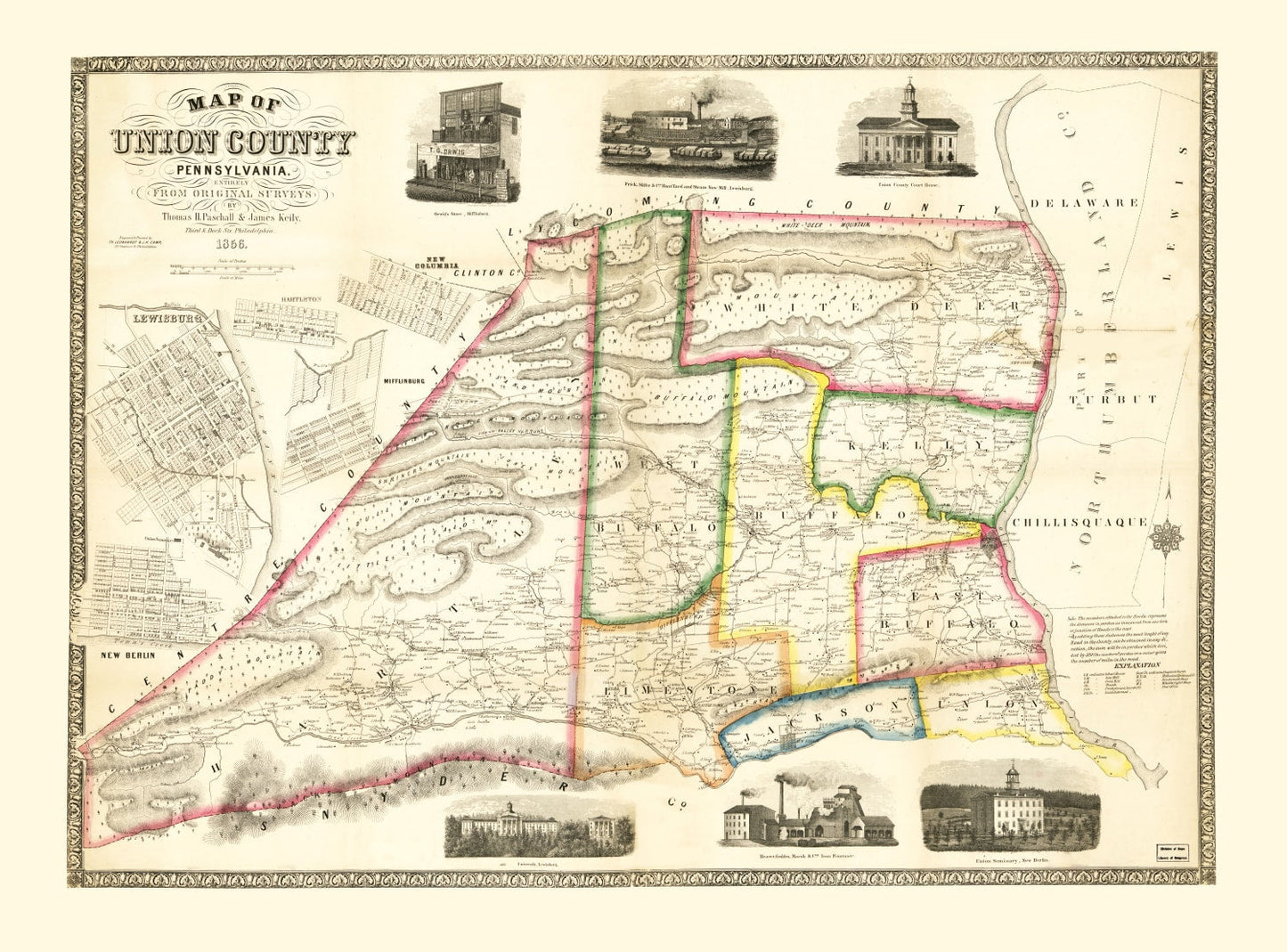 Vintage Map of Union County, Pennsylvania, 1856