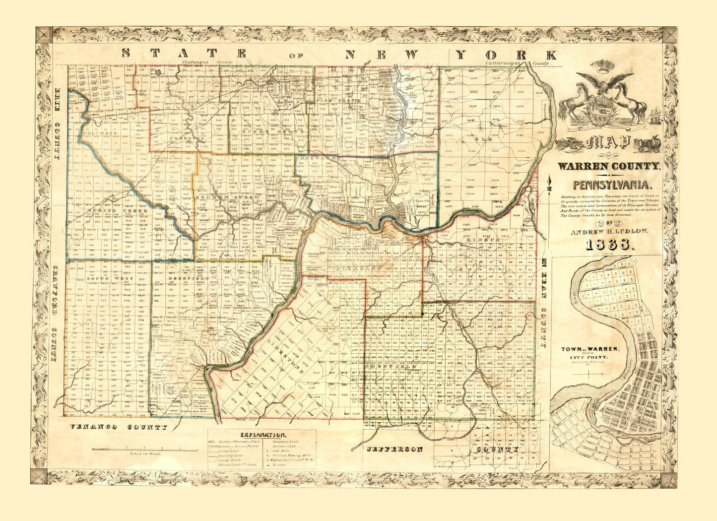 Vintage Map of Warren County, Pennsylvania, 1838