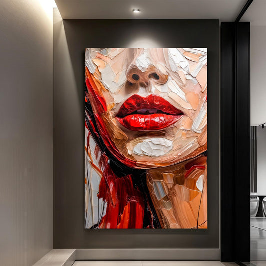 Red Lips Close-Up in Bold Color canvas shown in a styled room setting, view 2