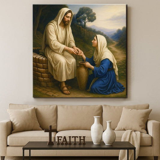 Jesus and the Samaritan Woman at the Well canvas shown in a styled room setting, view 2