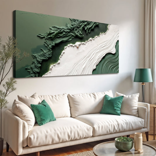 Dark Green Shoreline and White River Abstract canvas shown in a styled room setting, view 2