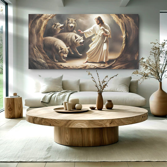 Jesus Guarding a Lamb From Wolves Sepia canvas shown in a styled room setting, view 2