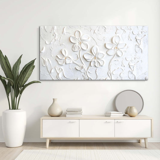 White Flowers and Vines on White Panoramic canvas shown in a styled room setting, view 2