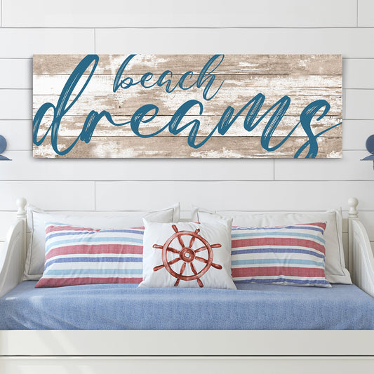 Beach Dreams Teal Script canvas shown in a styled room setting, view 2